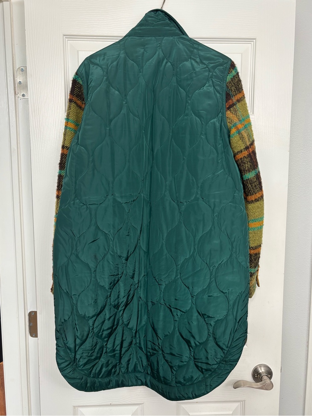 Sundance Quilted Green Mixed-Media Coat with Plaid Sleeves - Picture 2 of 3